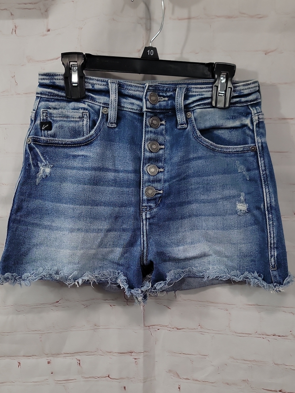 KanCan Medium Wash Distressed Button-Front Jean Shorts - Blue